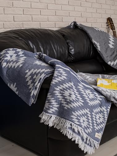 Bersuse 100% Cotton Teotihuacan XL Throw Blanket Turkish Towel Beach Blanket - Beach Camping Essentials - 75x90 Inches, Dark Blue - color: Dark Blue