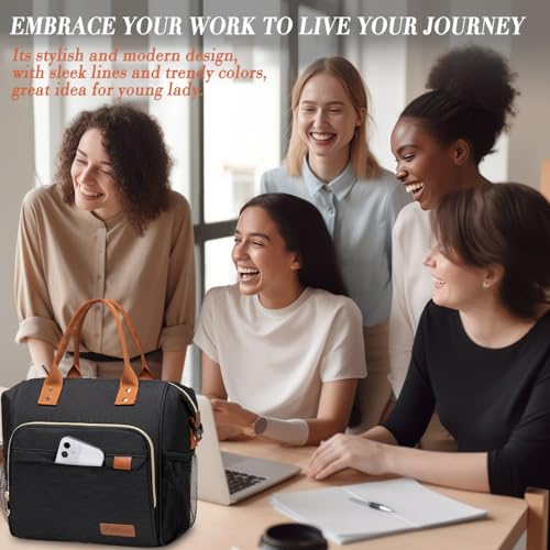 Black Lunch Box for Women Insulated Lunch Bag for Work - Adult Stylish Lunch Tote Bag for Shopping Soft Cooler for Beach Picnic Travel - color: A1: Black, size: Large