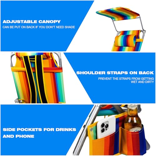 Lightweight Backpack Beach Chair for Adults, Patio Zero Gravity Chair with Canopy, Outdoor Adjustable Folding Reclining Lounge Chair with Cup Holder Pillow,Lawn Garden,Sand (Rainbow Stripe)