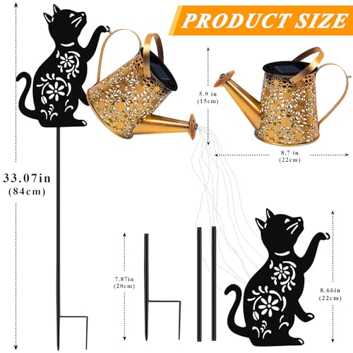 Solar Lights Outdoor Decorative, Watering Can with Cascading Lights, with Cat Silhouette Garden Stakes, Waterproof Metal Garden Decor for Yard Art, Outside, Patio, Lawn 2PACK - color: Cat 2 Pack