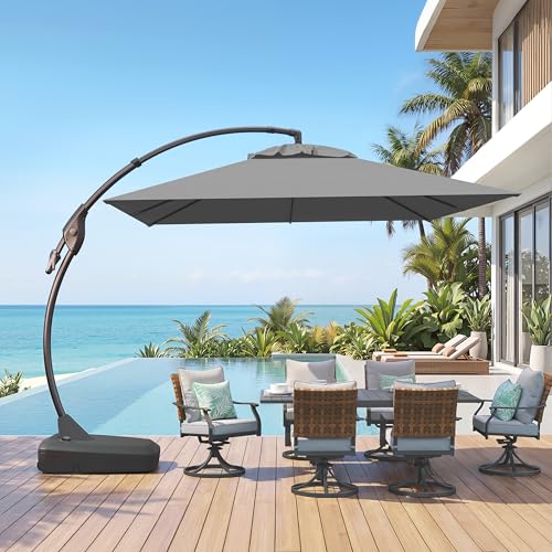 Grand patio 10x10 FT Patio Cantilever Umbrella with Base Outdoor Large Square Tilting Offset Umbrellas for Deck Backyard (Gray, 10x10 FT) - color: Gray, size: 10X10 FT