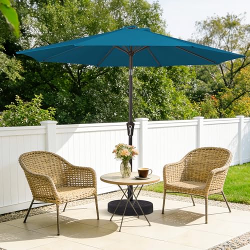MEWAY 9ft Patio Umbrella Outdoor Table Umbrellas with Push Button Tilt and Crank, Market Umbrella 8 Sturdy Ribs for Deck, Garden, Pool and Backyard, Lake Blue - color: Lake Blue, size: 9ft