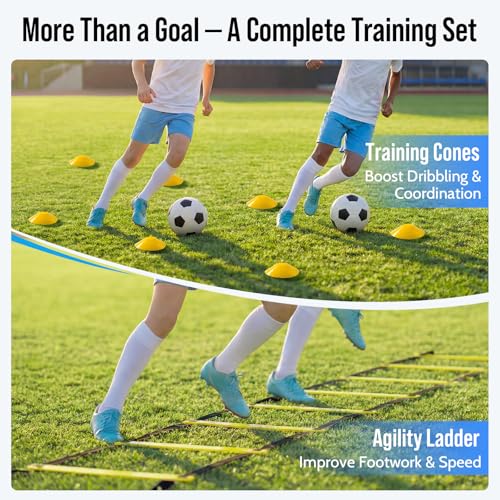 Soccer Goal for Backyard, Heavy Duty Soccer Net with Safety Foam Padded Metal Post, Durable Goals with Training Set Agility Ladder & 12 Cones for Youth & Adults Practice