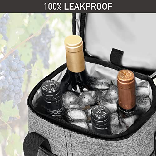 Opux 4 Bottle Insulated Wine Cooler Bag - Leakproof Padded Portable Wine Bottle Tote for Travel Picnic BYOB - Heather Gray - color: Heather Gray, size: 4 Bottle
