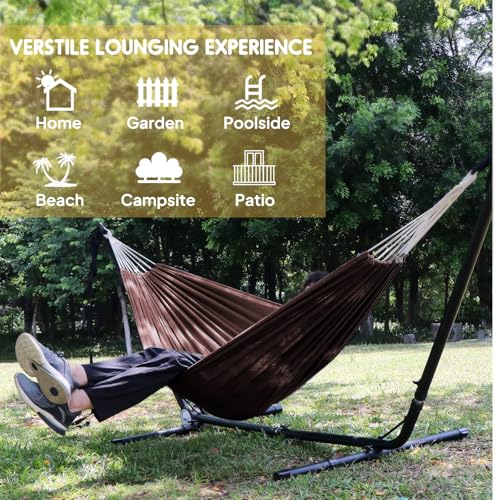 ANYOO Cotton Hammock Portable Camping Hammocks for Hanging Sturdy Garden Comfortable Fabric Hammock with Tree Straps Up to 660lbs with Travel Bag for Camping Outdoor/Indoor Patio Backyard - color: Brown