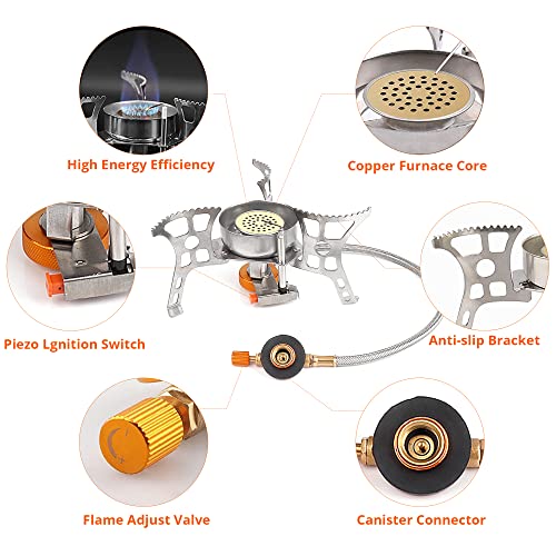 Camping Stove with Fuel Canister Adapter Portable Collapsible Gas Stove with Piezo Ignition-3900W-Lightweight-Windproof-Butane Adapter Camping and Backpacking Mini Stove Kit for Hiking