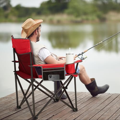 Unisakey Oversized Folding Camping Chair for Adults - 450lbs Support - Heavy Duty Portable Lawn Chairs with Side Pocket Cup Holder Cooler Bag for Sports Garden Beach Fishing, Red - color: Red