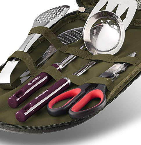 Wealers Camp Kitchen Cooking Utensil Set Travel Organizer Grill Accessories Portable Compact Gear for Backpacking BBQ Camping Hiking Travel Cookware Kit Water Resistant Case - color: 12 Pieces Green