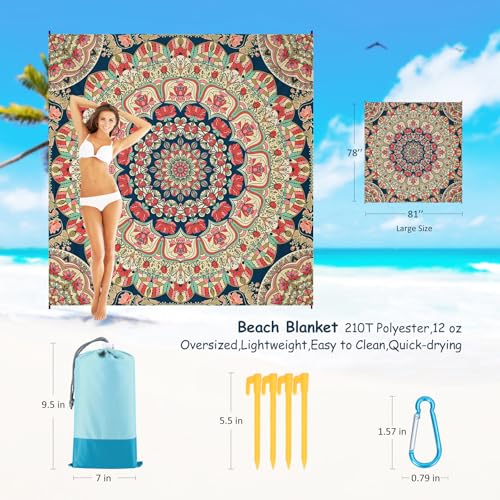 Beach Blanket Waterproof Sandproof 1-7 Adult Oversized 78 '' × 81 '' Lightweight Durable Compact Sand Free Extra Large Beach Mat for Travel Camping Hiking Picnic Blanket - color: Mandala2, size: 78“x81”