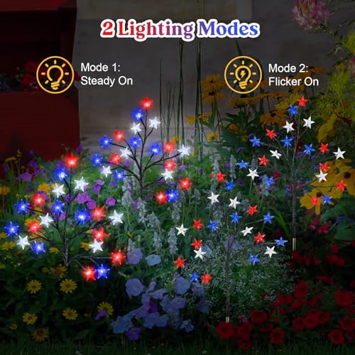 Lewondr 4th of July Decorations Solar Garden Lights, Outdoor Red Blue White Star Solar Lights, Waterproof Patriotic Decor with 20 LED 2 Lighting Modes for Independence Day Memorial Day, 4 Pack - size: 4 Pack, style: Red White Blue Stars