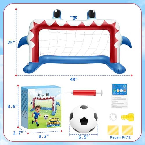 Intoypad Water Sprinkler Soccer Toys, Inflatable Shark Soccer Goal Sprinkler with a Soccer Ball Backyard Outdoor Summer Toys for Boys Girls Outside Yard Water Football Game Toys for Kids Ages 3-8