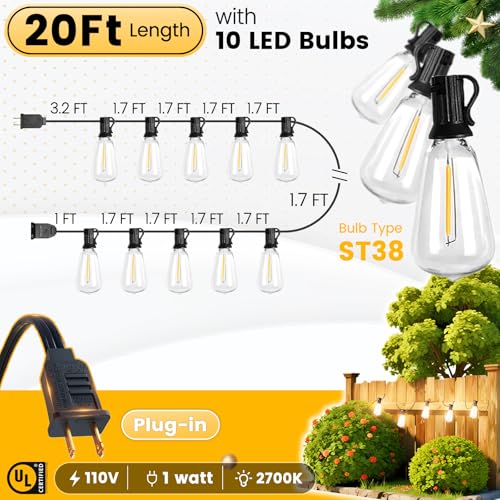 Outdoor String Lights 20FT - LED Waterproof Patio Lights Shatterproof ST38 Edison Bulbs, Connectable Hanging Vintage Lights for Outside Indoor Garden Backyard Deck Porch Party Decor - color: ST38-Edison Bulb, size: 20FT Plug-in Version