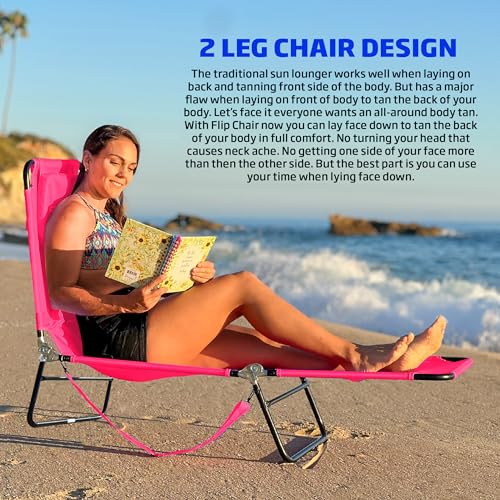 EASYGO PRODUCTS Lawn Chair Chaise Lounge 2 Legs Support Polyester Material Reclining Backrest Head Rest Pillow Great for Beach, Home, Backyard, Outdoor, Patio, Pool, Camping, Lawn or Deck Color Pink - color: Ecochair-pink
