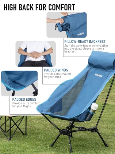 WildCall Lightweight Folding High Back Camping Chair with Head Support, Compact Beach Chair with Anti-Sinking Large Feet and Three Tilt Angles Adjustment - color: 2 X Blue High Back