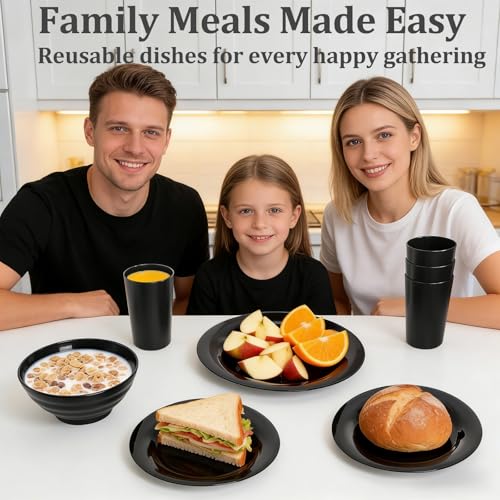 WRINGKIT 16 Pieces Plastic Dinnerware Set for 4, Unbreakable Plates and Bowls, Lightweight Black Plates Bowls with Cups, Reusable Dishes Set for Camping, Kitchen, Dorm, Dishwasher Microwave Safe