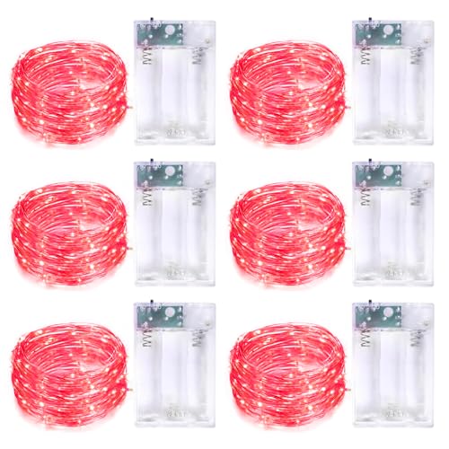 6 Pack Fairy Lights Battery Operated with Timer Silver Wire Mini 13FT 40LED Waterproof Cuttable Twinkle Christmas String Lights for Home Bedroom Wedding DIY Centerpiece Birthday (Red) - color: Red