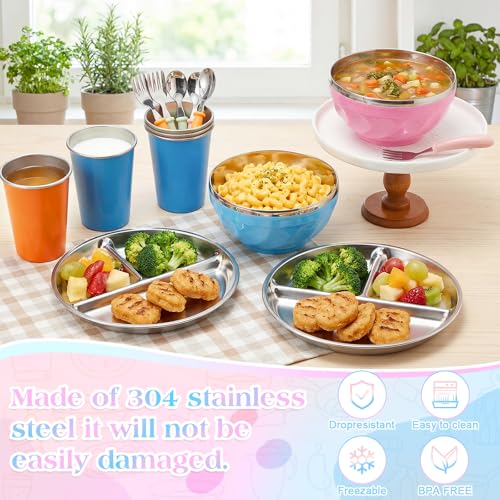 Jinei 20 Pcs Stainless Steel Bowls Set, 4 Stainless Steel Plates, 4 Metal Bowls, 4 Metal Cups, 4 Spoons, 4 Forks, Rainbow Colorful Utensils Dishwasher Safe, Durable Dining Set for Home Travel Camping