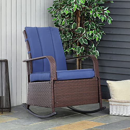Outsunny Wicker Outdoor Rocking Chair, Patio Recliner with Adjustment Backrest, PE Rattan Lounge Chair with Adjustable Footrest and Cushions for Garden, Backyard, Porch, Blue - color: Blue