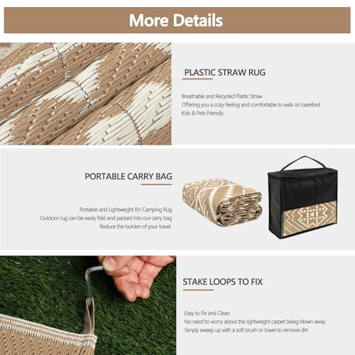 Waterproof Outdoor Rug 5x8 ft, Reversible Plastic Straw Mat, Large Floor Mat for Patio, Camping, Picnic, Backyard RV, Deck, Beige - color: Beige, size: 5' x 8'