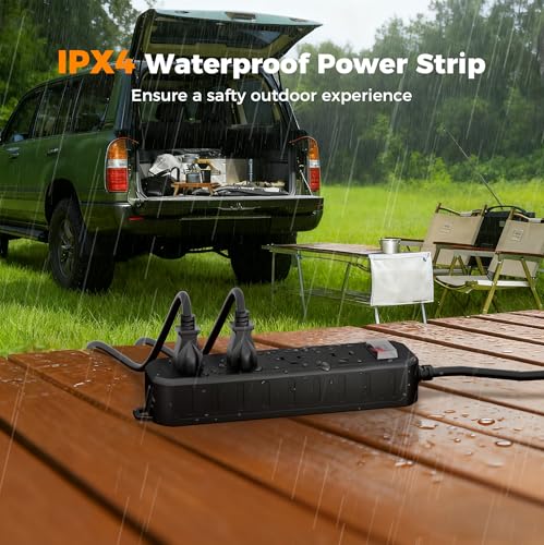 TESSAN Outdoor Power Strip Weatherproof, 50FT Extension Cord Waterproof with 4 Outlets 1 Switch (1250W), Surge Protector 1700J, Wall Mountable for Home Office and Patio Christmas Lights, Black - size: 50FT