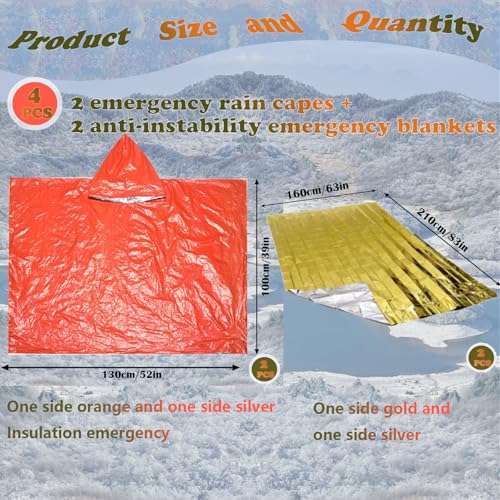4X Survival Gear kit, Emergency Poncho (2pc), Emergency Space Blanket (2pc), Mylar Liner - Retains 92% Body Heat, for Outdoors, Hiking, Camping, Bug Out Bag, Marathons or First Aid, Car (Orange) - color: Orange