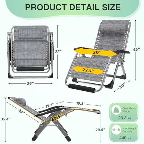 Suteck Oversized Zero Gravity Chair,29In XL Lounge Chair w/Removable Cushion&Headrest, Reclining Camping Chair w/Upgraded Lock and Footrest, Reclining Patio Chairs Recliner for Indoor Outdoor - color: Fossil Gray, style: 29Inch