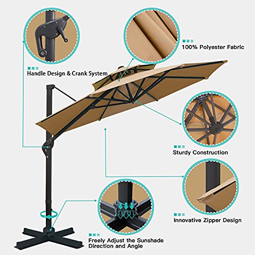 Sunnyglade 11FT Double Top Cantilever Patio Umbrella Deluxe Offset Umbrella 360° Rotation & Integrated Tilting System Heavy Duty Outdoor Umbrella for Market Garden Deck Pool Backyard Patio(Tan) - color: Tan