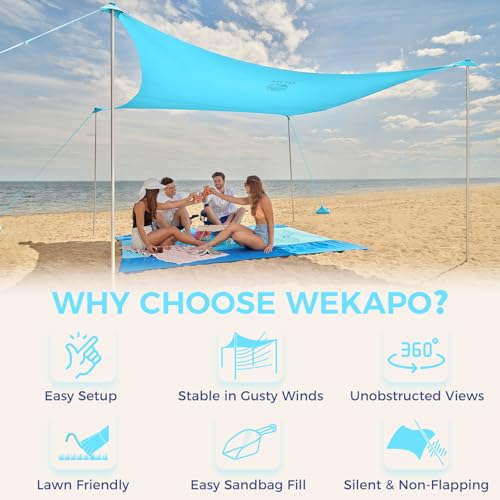 WEKAPO Beach Tent Sun Shelter - Easy Setup Beach Canopy with 4 Sturdy Poles, Large Sandbags and Shovel, 6'7'' Tall, Windproof Sun Shade for Backyard and Camping, UPF 50+ Protection - color: Blue, size: 8x8 FT 4 Pole