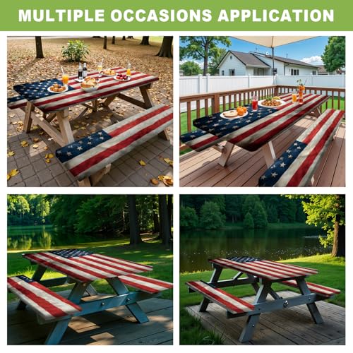 ANNA QUEEN Patriotic American Flag 6FT Picnic Table Cover with Bench Covers Set of 3 with Drawstring Bag, USA Flag 72"x30" Waterproof Picnic Tablecloth & Bench Covers for Outdoor BBQ - color: #57
