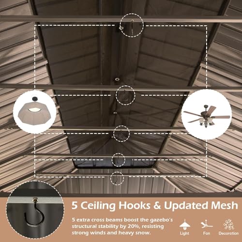 Domi 12' X 24' Hardtop Gazebo, Upgraded Metal Gazebo with Drainage System, Dual-Layer Galvanized Steel Roof, Curtain and Netting, Outdoor Shelter Canopy for Patio, Garden, and Backyard, Brown - color: Brown, size: 12'x24'/w gutter