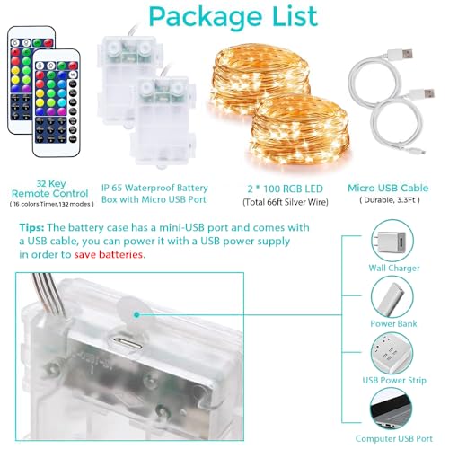 OMIKA 2 Pack LED Fairy Lights 33FT 100 LEDs Battery Operated String Light, Waterproof Multi Color Changing Fairy Lights with Remote for Indoor Outdoor Patio Wedding Party Xmas Bedroom Decoration - color: 16 RGB Colors (Battery+USB), size: 33 ft 100 LEDs-2