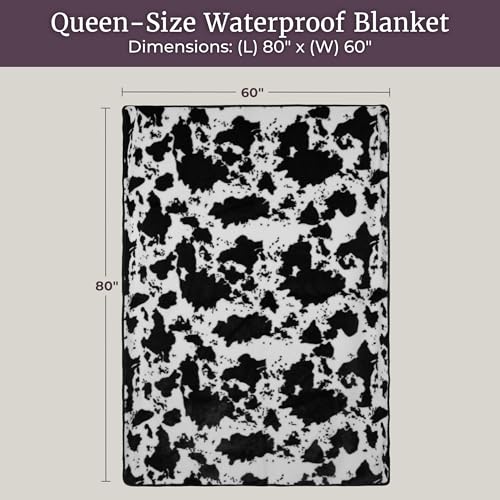 Waterproof Blanket for Bed, Couch, or Car - 60” x 80” Reversible Queen Size Throw Blanket for Reliable Leakproof Furniture Protection - Washable Pet Throws by Lavish Home (Cow Print) - color: Black/White
