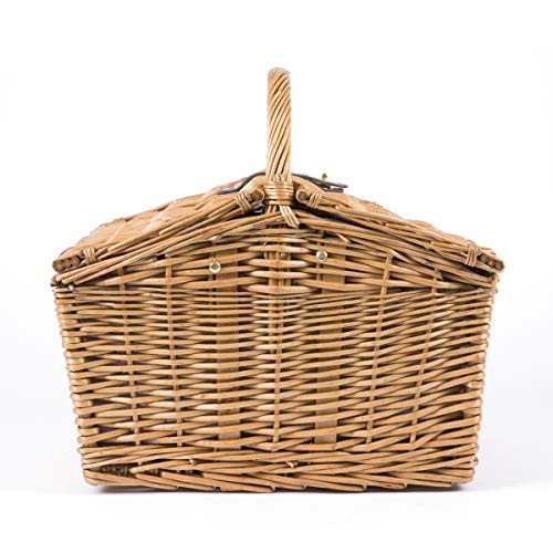 PICNIC TIME Piccadilly Picnic Basket for 2, Romantic Vintage English-Style Wooden Basket, Complete Deluxe Service for Two with Fully-lined Interior and Double-lid Design, (Red & White Plaid Pattern) - color: Red