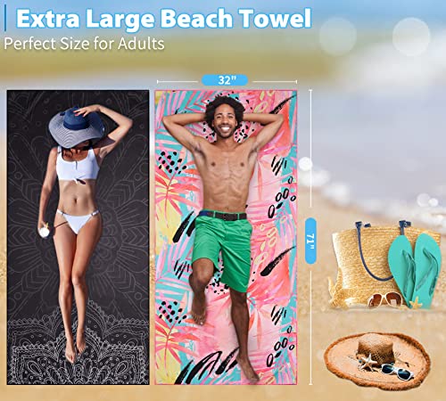 2 Pack Lightweight Thin Beach Towel Oversized 71"x32" Big Extra Large Microfiber Sand Free Towels for Adult Quick Dry Travel Camping Beach Accessories Vacation Essential Gift Black Mandala Pink Leaf - color: 2 Pack Black Mandala Pink Leaf