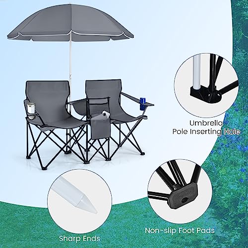 Double Camping Chair, 2-Person Portable Beach Chair w/Removable Umbrella, Cup Holders & Carrying Bag, Folding Loveseat Chairs for Adults Outdoor Picnic (Grey) - color: Grey