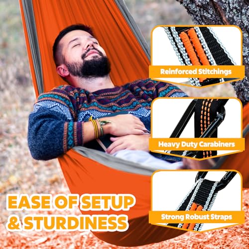 NATUREFUN Ultra-Light Travel Camping Hammock | 300kg Load Capacity,Breathable,Quick-Drying | 2 x Premium Carabiners,2 x Nylon Slings Included | Outdoor Indoor Garden - color: Orange/Grey, size: 275x140cm