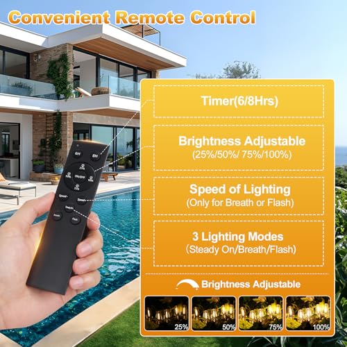 100FT Outdoor Solar String Lights with Remote, USB Rechargeable LED Patio Lights with 52 Timer Dimmable ST38 Edison Bulbs, Enhanced 5W Solar Panel Outside Hanging Lights for Porch Garden Deck Backyard - size: 100FT