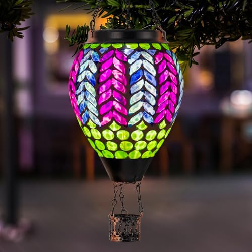 Mosaic Hot Air Balloon Solar Lanterns Outdoor Waterproof, Colorful Glass Solar Hanging Lantern Lights for Garden Patio Yard Gifts for Women Mom Grandma - color: A_Mosaic Purple