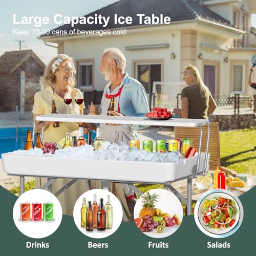 Ice Cooler Table with Drain, Two-Tier Plastic Folding Tables, with Removable Matching Skirt and Shelf, Indoor Outdoor Use for Party Camping Picnic Fishing Cleaning, 440 lbs Capacity - style: Fish cleaning ice table two tier