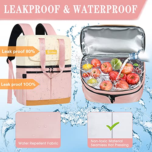 Scothen Backpack Cooler with Double Decker & 12 Ice Packs- Keeps 36 Cans Cold for Up to 24 Hours- Waterproof & Leak Proof Insulated Cooler Backpack- Stylish Cooler Bookbag for Women Travel Work Beach - color: Pink