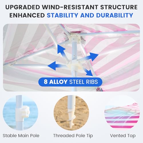 Zeraty Beach Cabana 8'×8', Portable Beach Canopy with Side Wall, UPF 50+ Silver-Coated Beach Tent Sun Shelter, Wind Resistant Adjustable Altitude Beach Umbrella Tent for Family, Pink - color: Pink