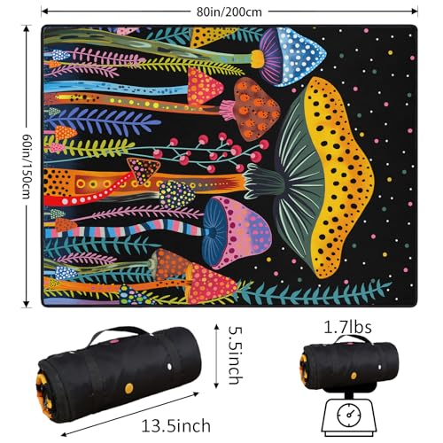 Mushroom Picnic Blankets Waterproof Foldable Picnic Outdoor Blanket 80"x 60" Picnic Mat 3-Layer Thicking Outdoor Foldable Blankets Sandproof Lightweight Beach Blankets with Strap Machine Washable - color: Mushroom04, size: 60*80in