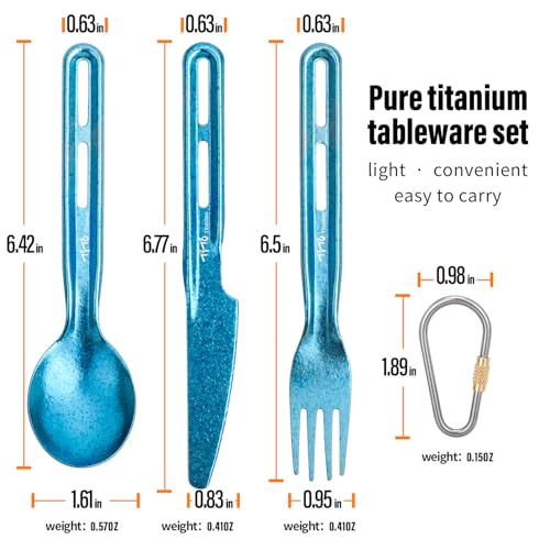 TiTo Titanium 3 Piece Cutlery Set, Ultralight Portabale Titanium Fork Spoon & Knife Tableware for Outdoor Camping Hiking Backpacking Travel Picnic Flatware with Titanium Carabiner (Blue) - color: Blue