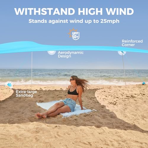 WEKAPO Beach Tent Sun Shelter - Easy Setup Beach Canopy with 4 Sturdy Poles, Large Sandbags and Shovel, 6'7'' Tall, Windproof Sun Shade for Backyard and Camping, UPF 50+ Protection - color: Blue, size: 8x8 FT 4 Pole