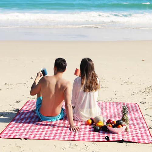 PUPOPIK Outdoor Picnic Blanket, Foldable Waterproof Sand Beach Mat in Large 80x60in for Beach Camping Hiking Travel Family Concerts Portable Beach Blankets (Red) - color: Red, size: 5' x 6'8"