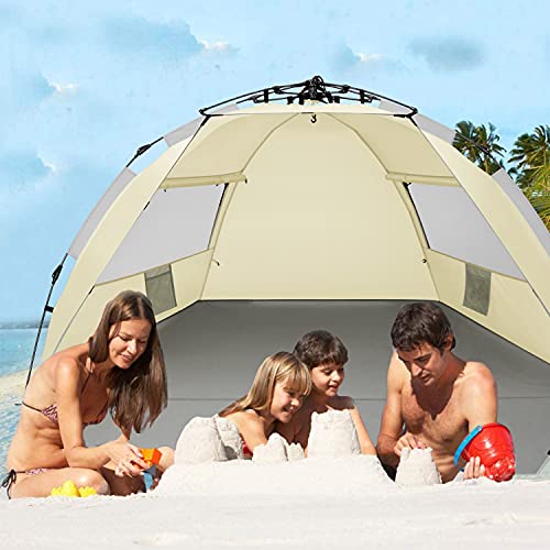 Oileus X-Large 4 Person Beach Tent Sun Shelter - Portable Sun Shade Instant Tent for Beach with Carrying Bag, Stakes, 6 Sand Pockets, Anti UV for Fishing Hiking Camping, Waterproof Windproof, Khaki - color: Khaki