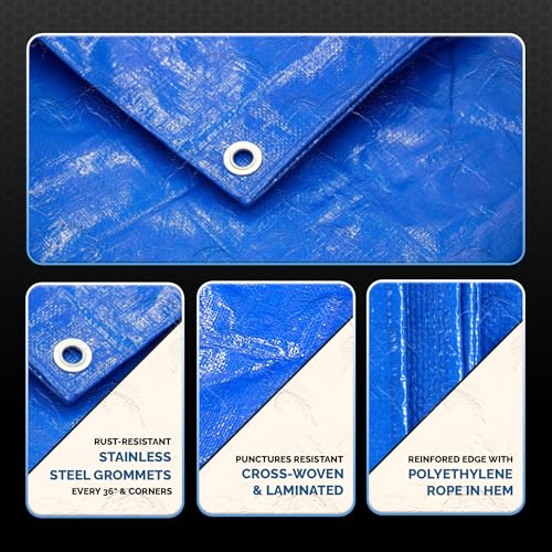 Tarps 30x30 Blue Tarp Waterproof – 5 MIL Thick Tarpaulin Outdoor Cover - Multipurpose Protection Poly Tarp for Camping, Tent, Roof, Patio, Pool, Floor, Furniture, Boat, Truck Beds, Pack of 1 - size: 30x30