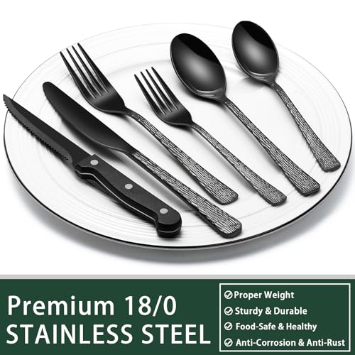 EWFEN 24-Piece Black Silverware Set with Steak Knives, Black Flatware Set for 4, Food-Grade Stainless Steel Tableware Cutlery Set, Mirror Finished Utensil Sets for Home Restaurant, Tree Pattern - style: Tree Pattern