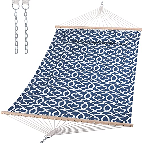 SUNCREAT Double Tree Hammock with Hardwood Spreader Bar, Extra Large Soft Pillow, Heavy Duty Hanging Hammock for Indoor, Outdoor, Blue Pattern - color: Blue Pattern