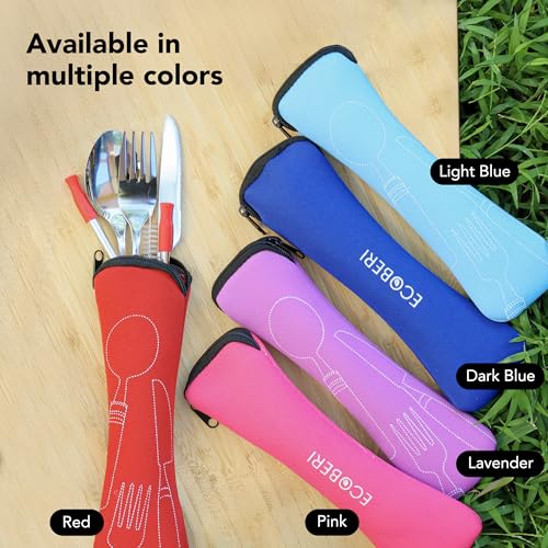Travel Utensils Set with Case 4 Pack, Reusable Stainless Steel Portable Cutlery (Fork, Spoon, Knife, Straws & Cleaner) for Work, Dorm, Camping, Lunch Box, Compact Durable Silverware by Ecoberi - color: Black-Grey